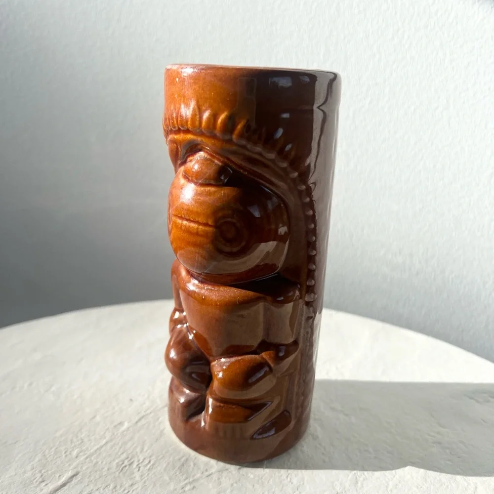 VINTAGE BROWN TROPICAL TIKI VIBES MUG GLASS CERAMIC BARWARE TUMBLER‎